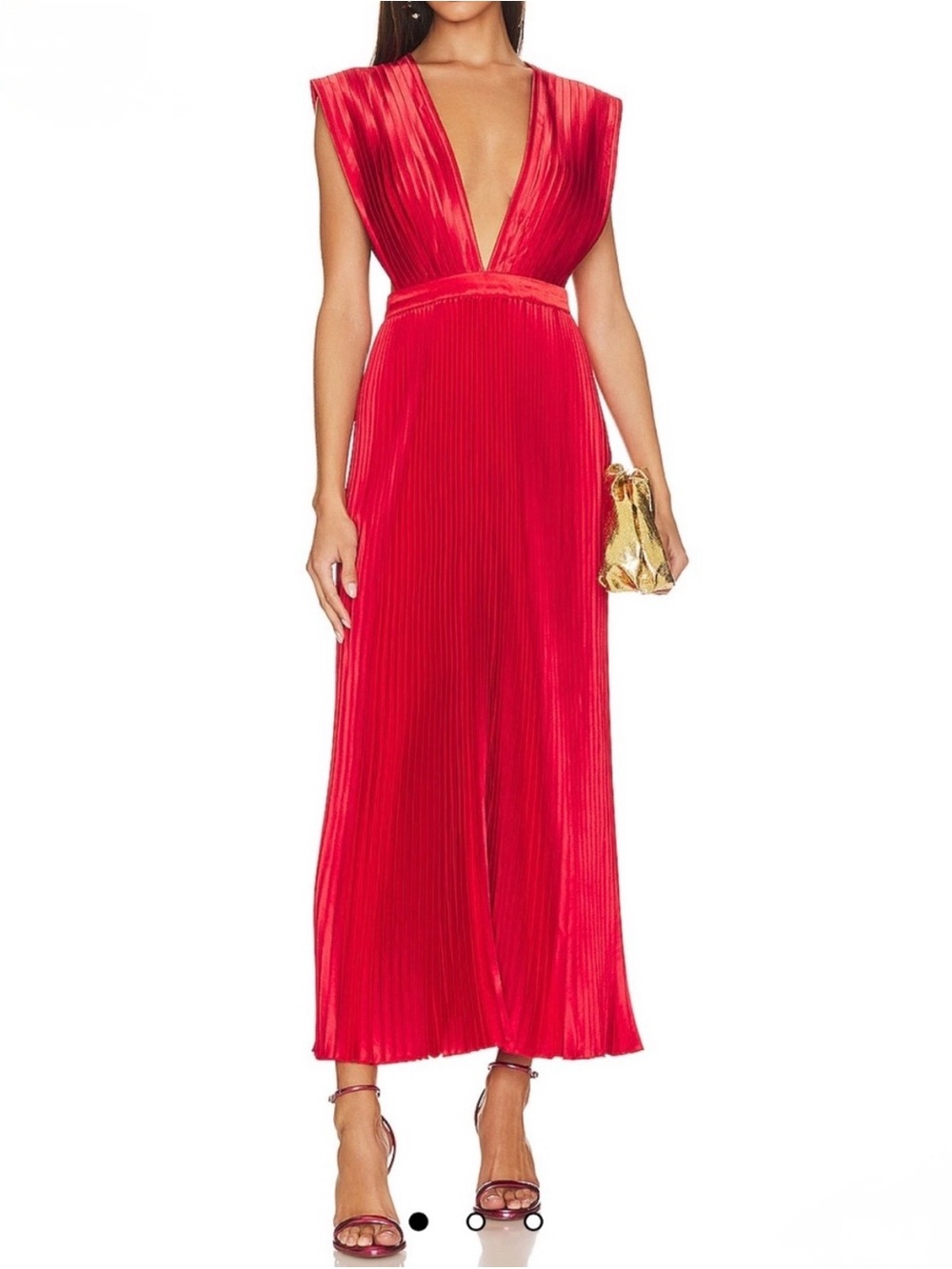 Deep V Pleated Midi Dress in Vibrant Red